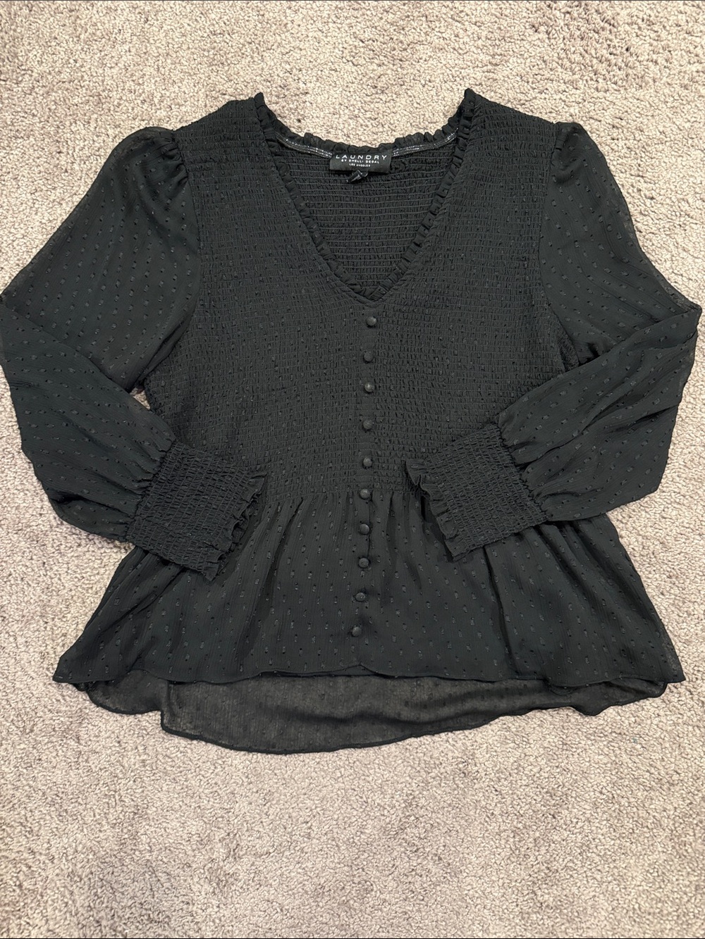 Laundry By Shelli Segal Black Smocked V-Neck Peplum Blouse with Covered Buttons